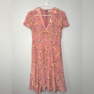 byTimo Pink Satin Floral Cap Sleeve 40s Retro Inspired Feminine Dress XS